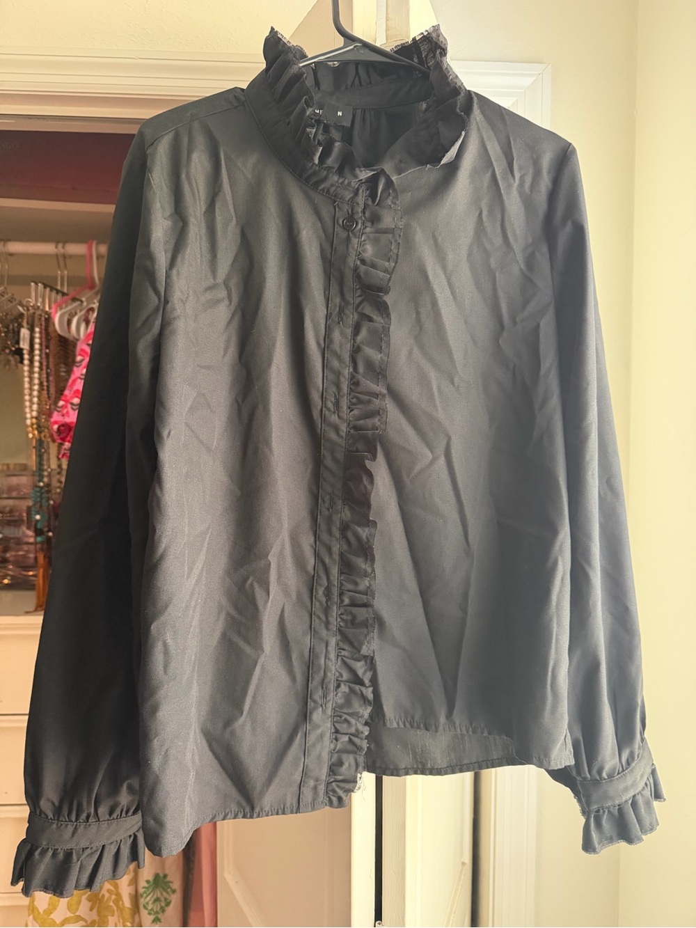 Women's Black Ruffled Front Button Blouse with High Neck